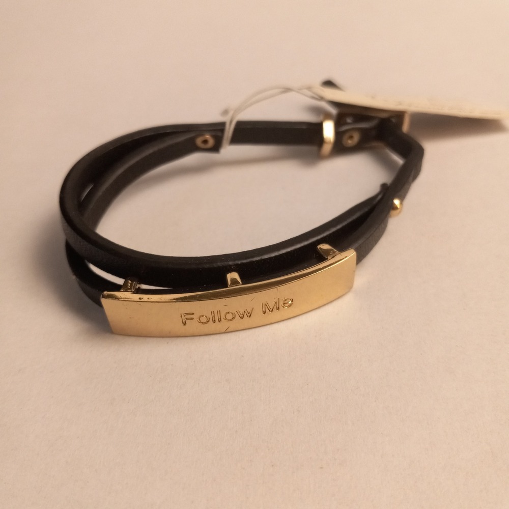 Kenneth Cole New York Black Leather Wrap Bracelet Gold Follow Me ID Bar NWT